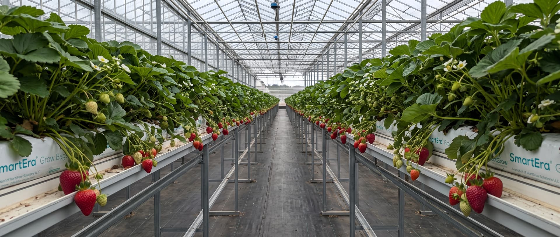Greenhouse with strawberry crops in SmartEra grow bags